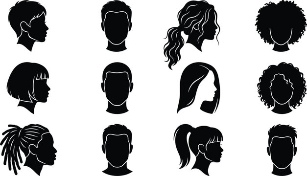 Collection of male and female face silhouette avatars with diverse hairstyles isolated on white background vector illustration