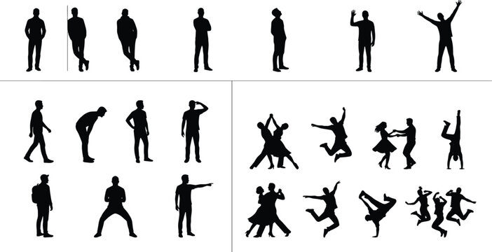 Collection of male and dancing people silhouettes featuring standing walking jumping and expressive action poses isolated background