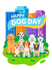Fototapeta premium Colorful Happy Dog Day Illustration with Diverse Dog Breeds in City Park.