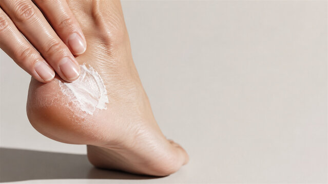 woman applying moisturizer cream on dry cracked heel. Skin care treatment for foot health and dermatology. Professional cosmetic product for cracked skin relief and hydration routine