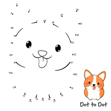 Connect The Dots and Draw Cute Dog. Dot to dot puzzle - cartoon little puppy. Educational Game for Kids. Drawing for Preschool children. Vector Illustration EPS8