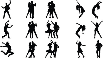 Dance silhouette collection featuring men and women performing energetic dance poses isolated on light background for entertainment design © Md