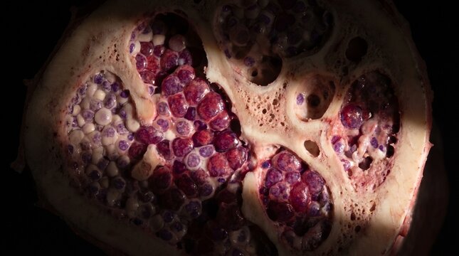 A microscopic view of bone tissue showing detailed cellular structures and marrow.