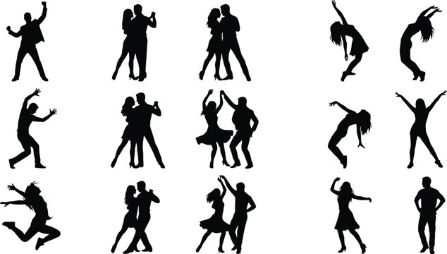 Dance silhouette collection featuring men and women performing energetic dance poses isolated on light background for entertainment design