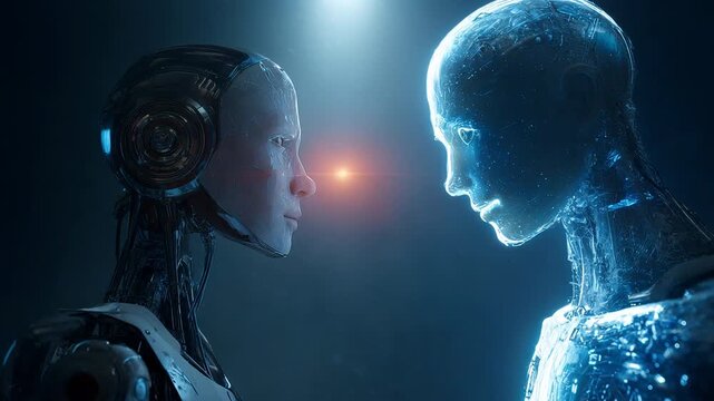 Humanoid robot hologram sharing knowledge with human, futuristic agentic autonomy and artificial general intelligence concept

