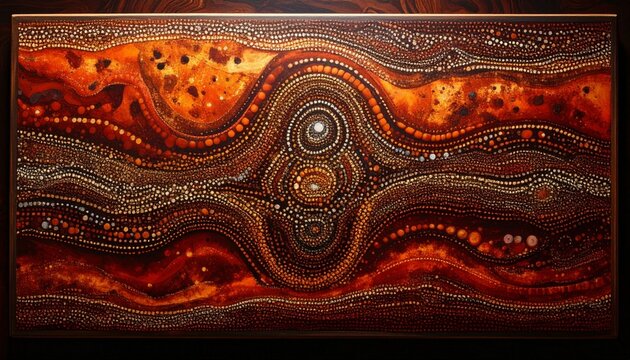 Traditional aboriginal dot painting with ochre patterns and circular symbols on textured board