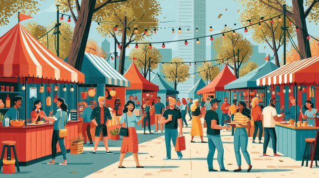 Cheerful outdoor trade fair market scene with people casually strolling and shopping among tents illustration.