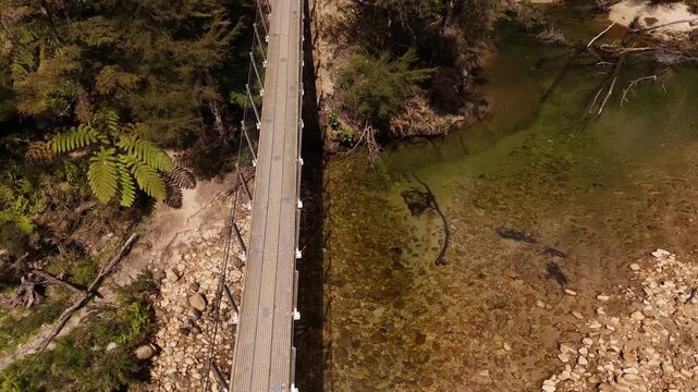 Long suspension footbridge crossing river in lush native forest of Abel Tasman National Park, New Zealand. Aerial top-down forward, slow-motion