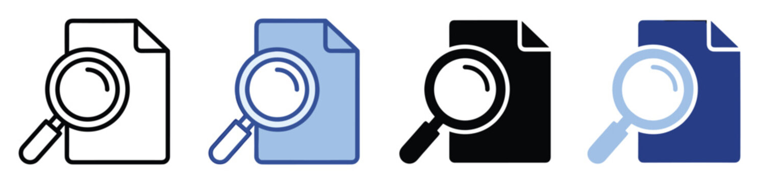 Document search icon representing file information lookup for digital interfaces and software applications