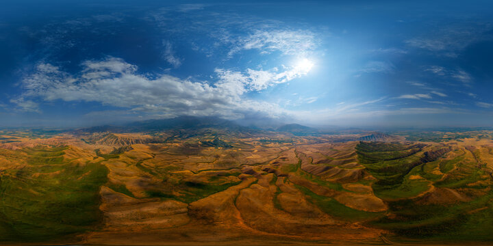 Full spherical panorama of serene mountain landscape, aerial 360 degrees view