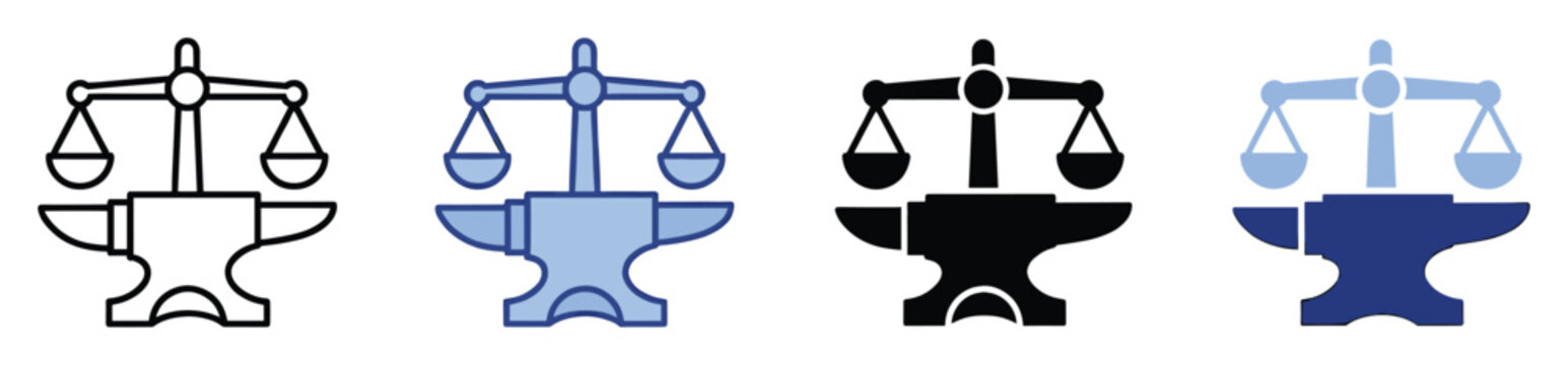 Scales of justice on anvil icon symbolizing law, fairness, and power in graphic design