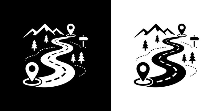 Curved mountain road route black glyph travel vector