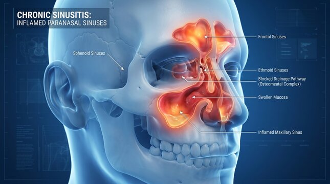 A 3D medical illustration of chronic sinusitis showing inflamed paranasal sinuses