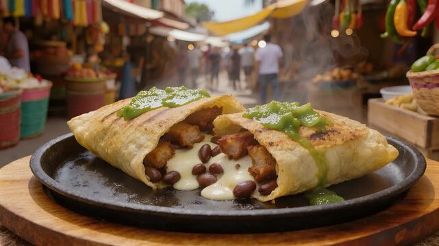 A delicious, cheesy quesadilla filled with black beans and chicken, topped with green salsa, served sizzling hot in a vibrant street market.
