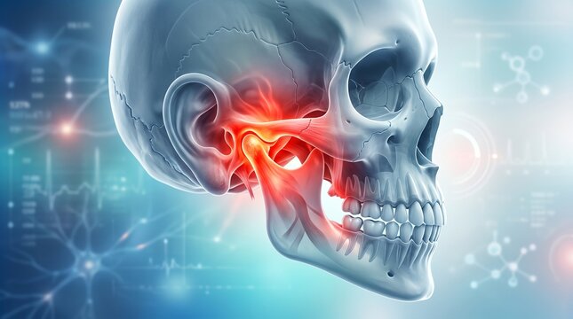 3D illustration of a human skull with highlighted jaw and facial nerves