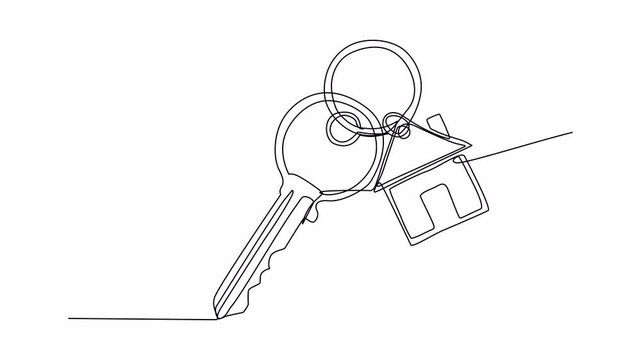 Elegant oneline vector animation of a house key and a small house-shaped charm on a keyring, symbolizing homeownership and security.