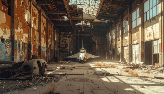 Abandoned space shuttle in decaying industrial hangar with sunlight beams