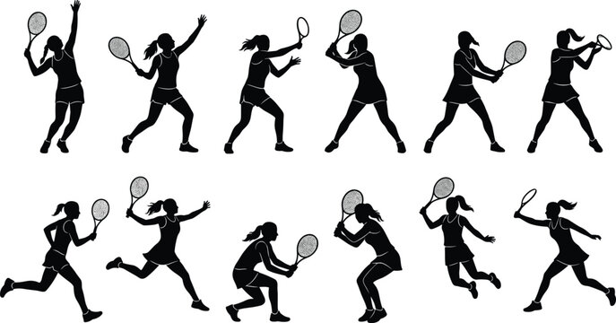 Female tennis player silhouette collection in dynamic action poses isolated on light background for sports and fitness design