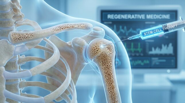 A detailed 3D render of stem cell therapy being applied to a shoulder joint