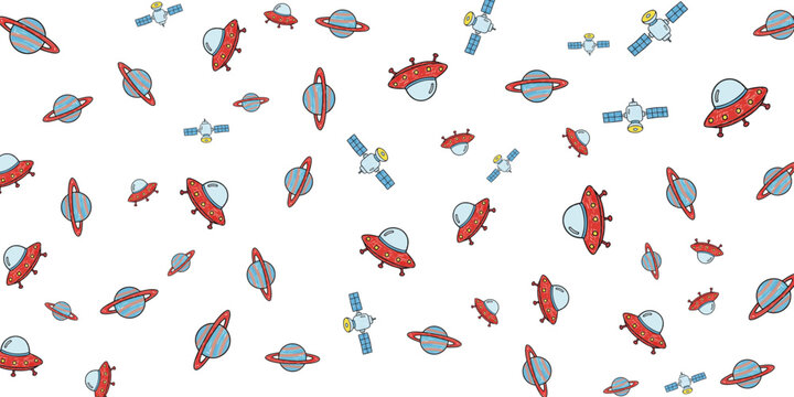 Playful seamless pattern of cartoon UFOs and communication satellites floating freely in a minimalist cosmic design for digital backgrounds