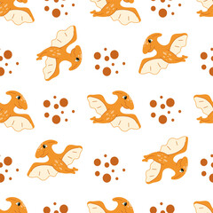 Kids seamless pattern featuring flying pterosaurs and abstruct dots. Decorative prehistoric pattern for nursery textile, wallpaper, and baby fabric design. Vector illustration on white. © Инна Музыка