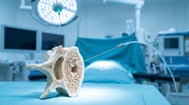 A close-up of a spinal bone model with a medical tube attached in a surgical room.