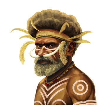 Papuan man with traditional tribal facial paint and accessories, Indonesian ethnic portrait digital painting