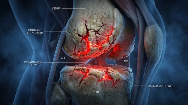 Detailed medical illustration of a knee joint showing anatomy and inflammation