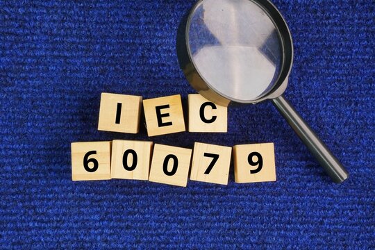 Laptop keyboard and wooden cube with the words IEC 60079. equipment used in hazardous areas where explosive gases, vapors, or combustible dusts are present.