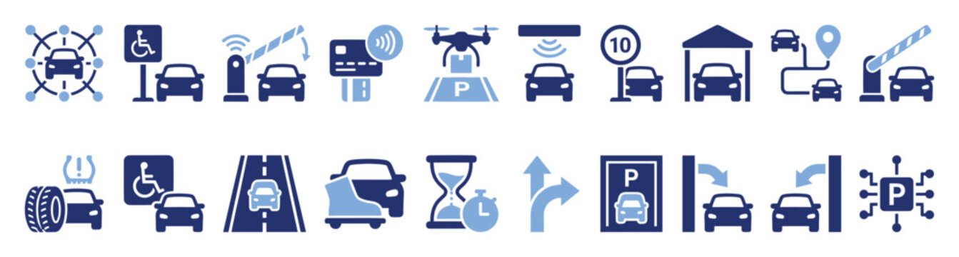 Smart parking and connected vehicle technology icons for modern urban mobility solutions