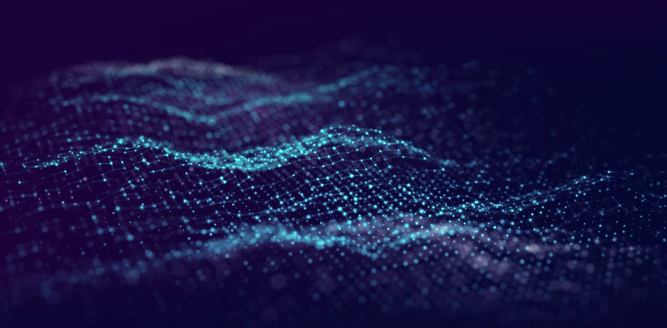 Abstract blue particle landscape on dark background. Glowing dots and connecting lines form flowing digital terrain wave. Futuristic technology data visualization concept.

