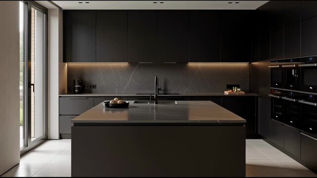 Modern Minimalist Kitchen Interior with Dark Matte Cabinetry and Sleek Kitchen Island Featuring Elegant Under-Cabinet Lighting and Luxury Stone Backsplash in Contemporary Home Design