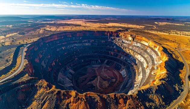 Aerial view of historic open-pit diamond mine in arid landscape