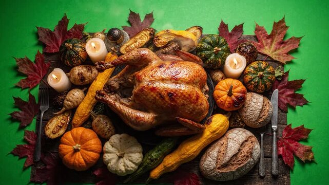 Roasted whole turkey on platter with autumn squash pumpkin bread candle maple leaf roasted harvest dinner evoking warm festive harvest celebration with cozy lighting