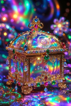 Scrigno magico iridescente con filigrana d&rsquo;oro, gemme preziose e riflessi arcobaleno su sfondo bokeh