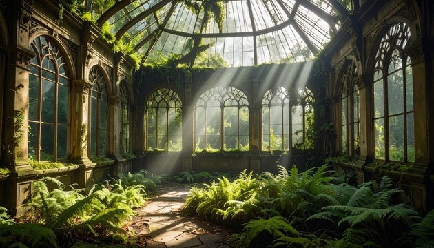 Overgrown conservatory with sunlight streaming through arched glass roof