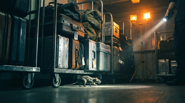 Luggage carts with bags lit by flashlight in dim cruise liner setting - Concept of Hantavirus Pulmonary Syndrome (HPS)
