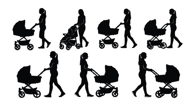 Silhouette of women pushing baby strollers high-quality