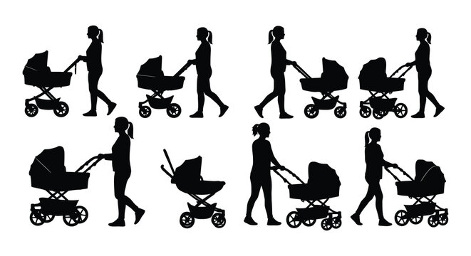 Silhouette of women pushing baby strollers high-quality