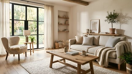 Obraz premium Cozy Living Room Interior with Natural Light and Furnishings