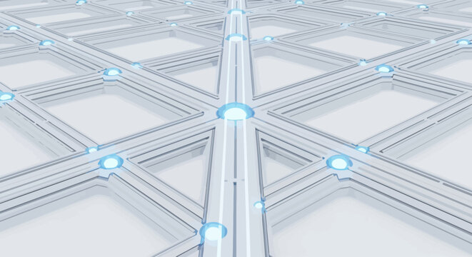A futuristic metallic grid with glowing blue nodes on a white background.