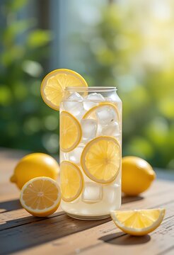 Refreshing lemonade drink in a glass with orange slices and ice cubes on a wooden table. lata refresco