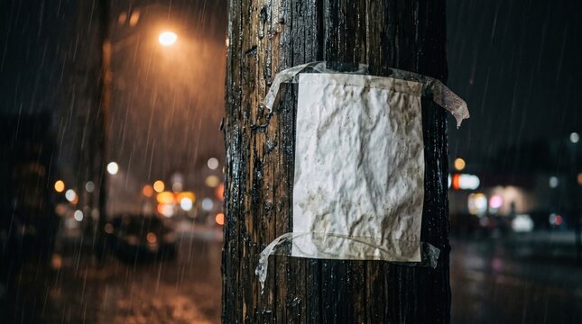 Wet crumpled blank poster taped to a wooden utility pole on a rainy urban night with weathered crumpled announcement