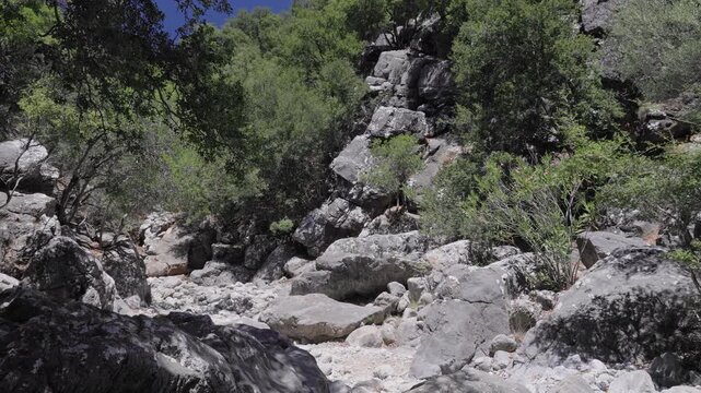 Walking through the dry and rocky Kritsa Gorge in Crete during a hot summer day