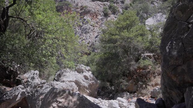 Handheld point of view shot walking through the dry, rocky Kritsa Gorge in Crete