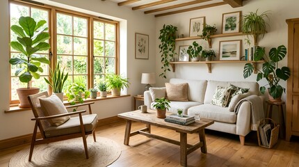 Obraz premium Cozy living room interior with plants and natural light
