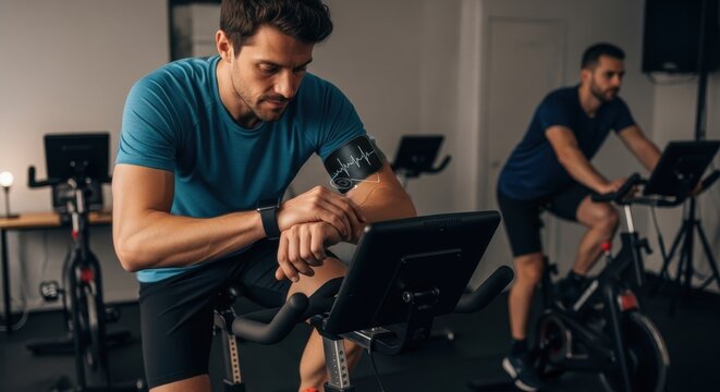 Man exercising on stationary bike using smartwatch and armband monitor in gym