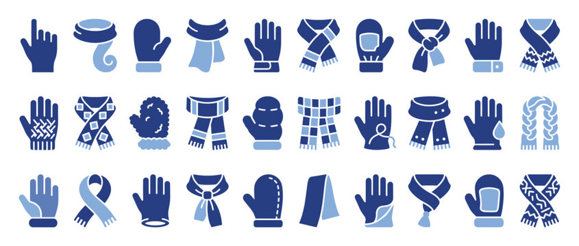 Icons of winter gloves mittens and scarves for cold weather seasonal apparel graphics