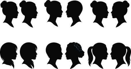 Women face silhouette collection featuring side profile portraits and female head shapes isolated on gray background for beauty design © Md