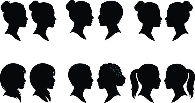 Women face silhouette collection featuring side profile portraits and female head shapes isolated on gray background for beauty design